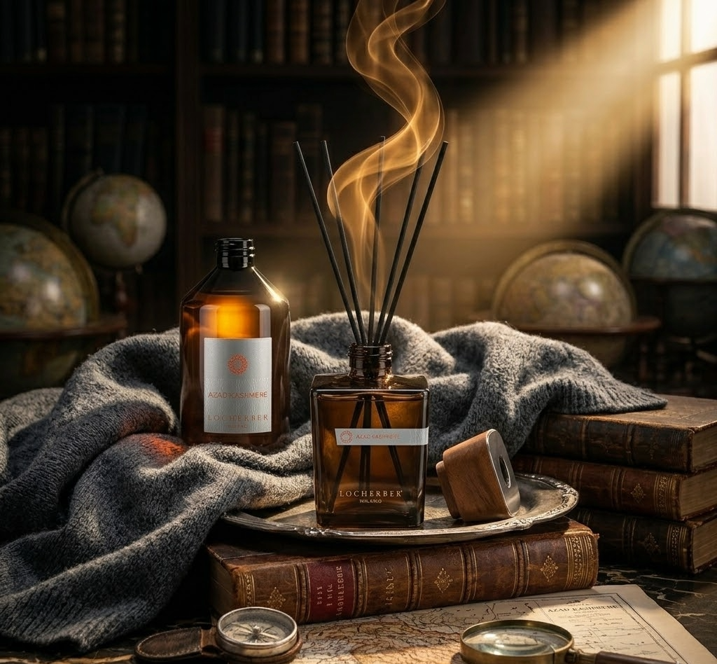 Aromatherapy diffuser with smoke on a table with books and globes in the background